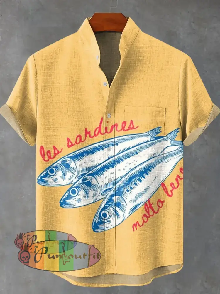 Sardines Fish Vintage Art Print Casual 100% Cotton Shirt Multicolor / S GEOMETRIC ART DESIGN