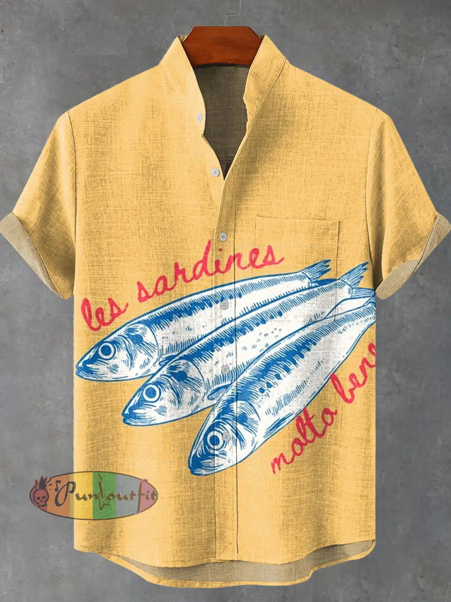 Sardines Fish Vintage Art Print Casual 100% Cotton Shirt Multicolor / S GEOMETRIC ART DESIGN