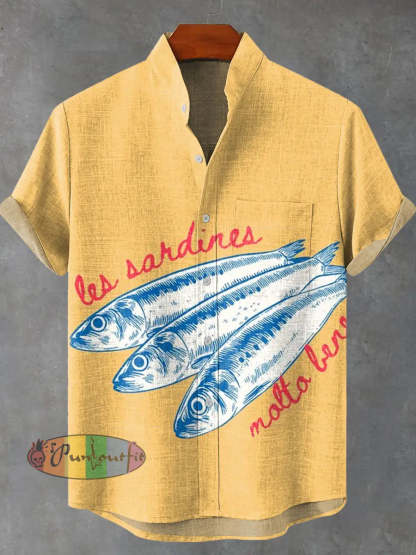 Sardines Fish Vintage Art Print Casual 100% Cotton Shirt Multicolor / S GEOMETRIC ART DESIGN