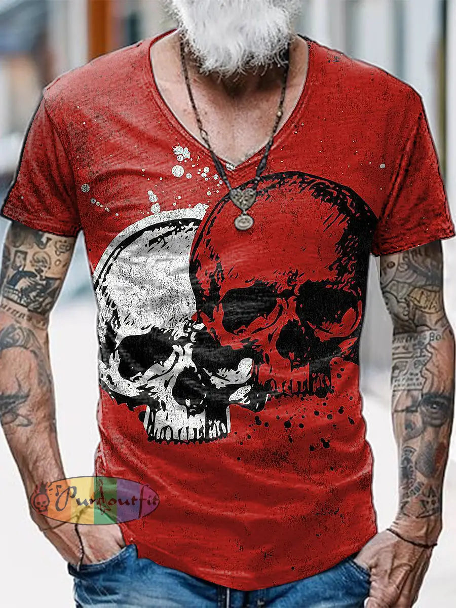 Skull Printed Vintage Fashion Loose V-Neck Short Sleeve T-Shirt Red / S