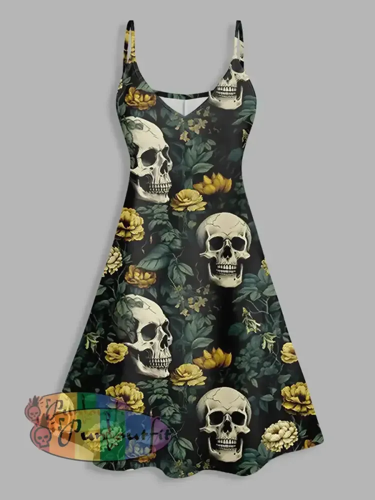 Skull Rose Print V Neck High Waist Sleeveless Mini Dress Colorful / S