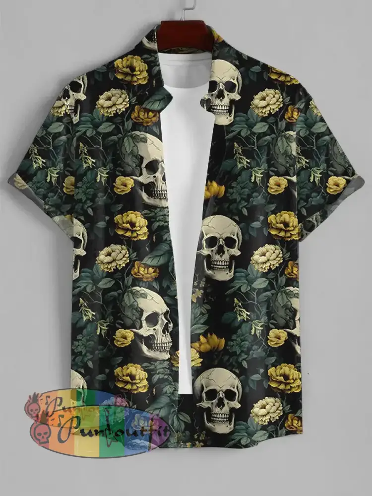 Skull Rose Print Vintage Short Sleeve Casual Shirt Colorful / S