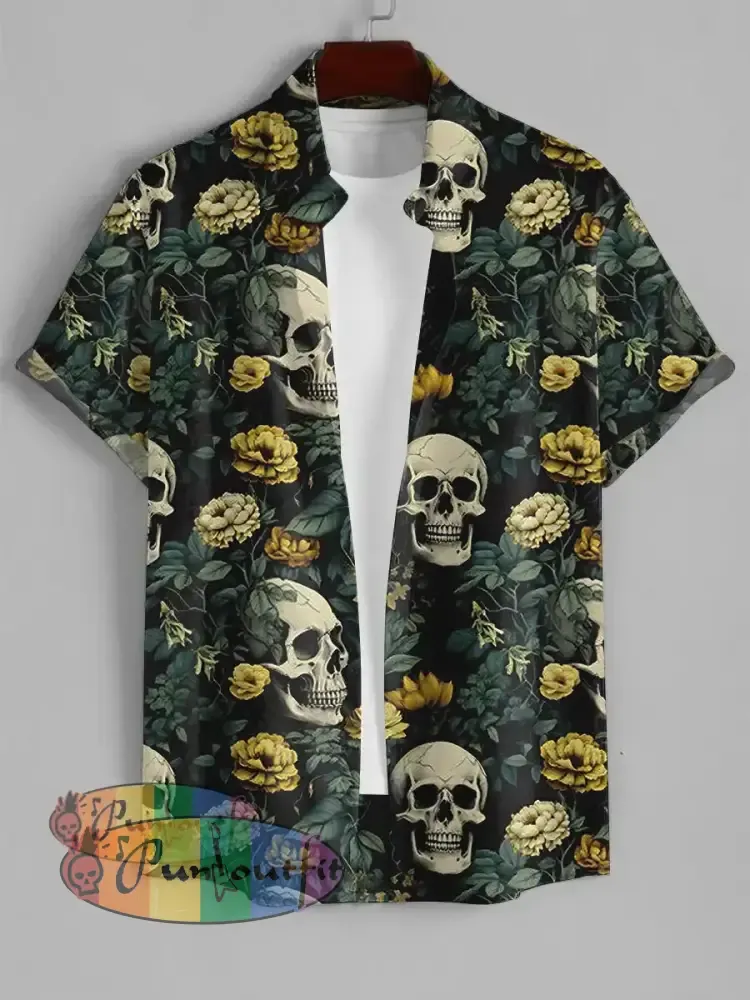 Skull Rose Print Vintage Short Sleeve Casual Shirt Colorful / S
