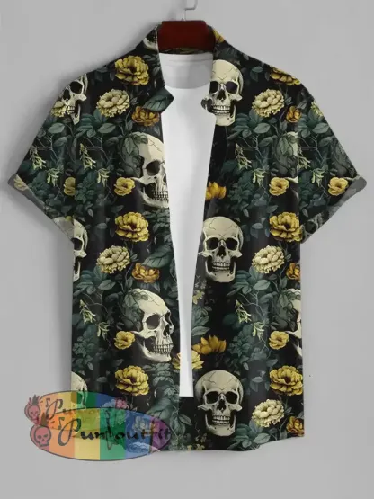 Skull Rose Print Vintage Short Sleeve Casual Shirt Colorful / S