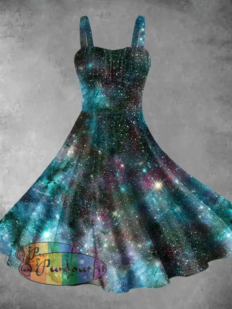 Space Print Backless Dress Colorful / S Dress