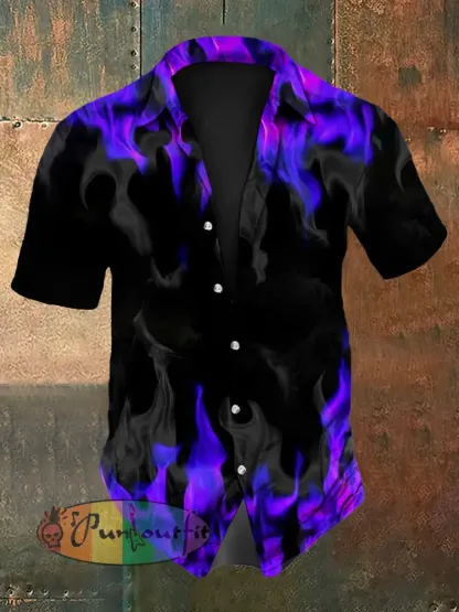 Vintage Gothic Purple Flame Smoke Abstract Print Casual Cotton Short Sleeve Shirt