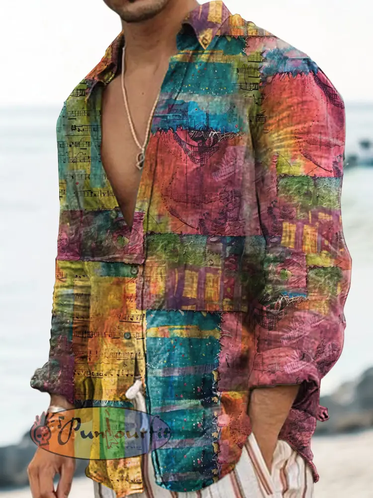 Vintage Punk Hippie Colourful Patchwork Abstract Print Casual Long Sleeve Shirt