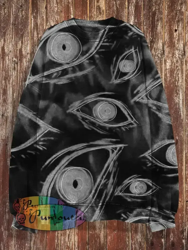 Unisex 3D Magic Eyes Print Halloween Crew Neck Casual Sweatshirt Sweatshirt-Black / S