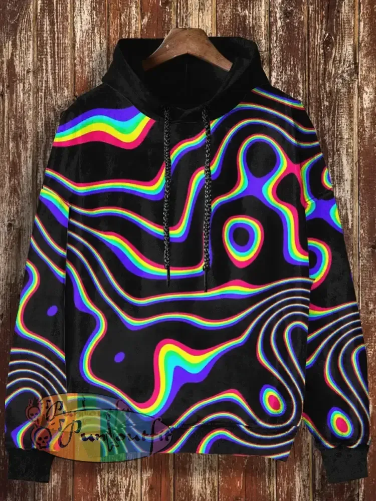 Unisex Abstract Lines Print Halloween Casual Hooded Sweatshirt Black / S