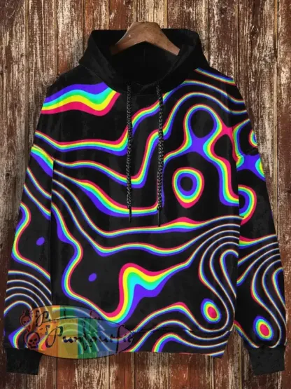 Unisex Abstract Lines Print Halloween Casual Hooded Sweatshirt Black / S