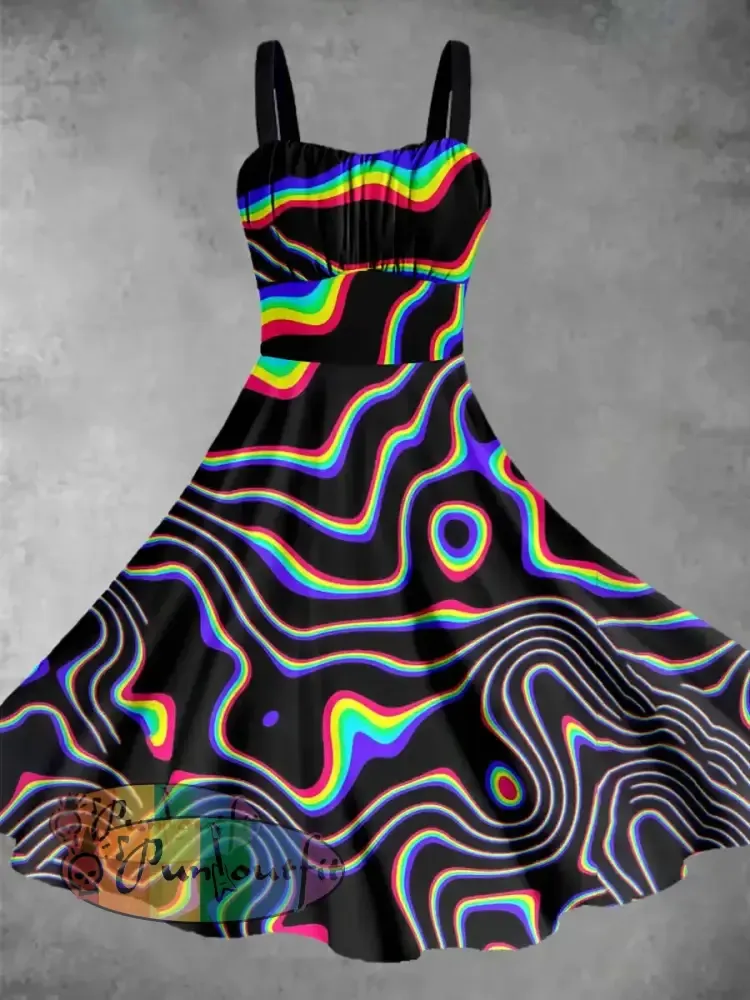 Vintage Abstract Lines Print Daily Midi Dress Black / S