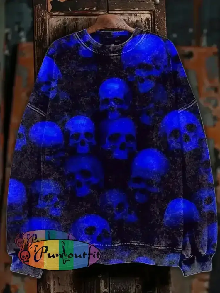 Unisex Abstract Skull Illustration Printed Casual Long Sleeve Sweatshirt Colorful / S