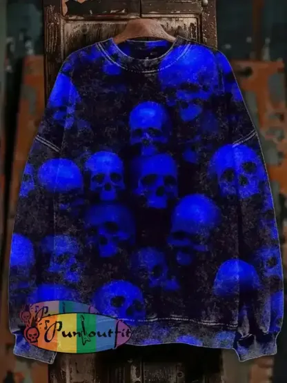 Unisex Abstract Skull Illustration Printed Casual Long Sleeve Sweatshirt Colorful / S