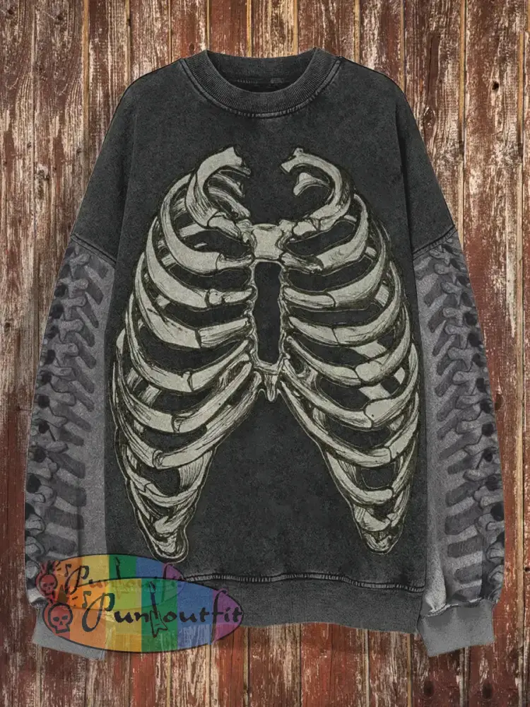 Unisex Bone Retro Printed Round Neck Casual Fashion Long Sleeved Sweatshirt Dark Gray / S