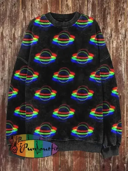 Unisex Colorful Saturn Print Halloween Crew Neck Casual Sweatshirt Black / S