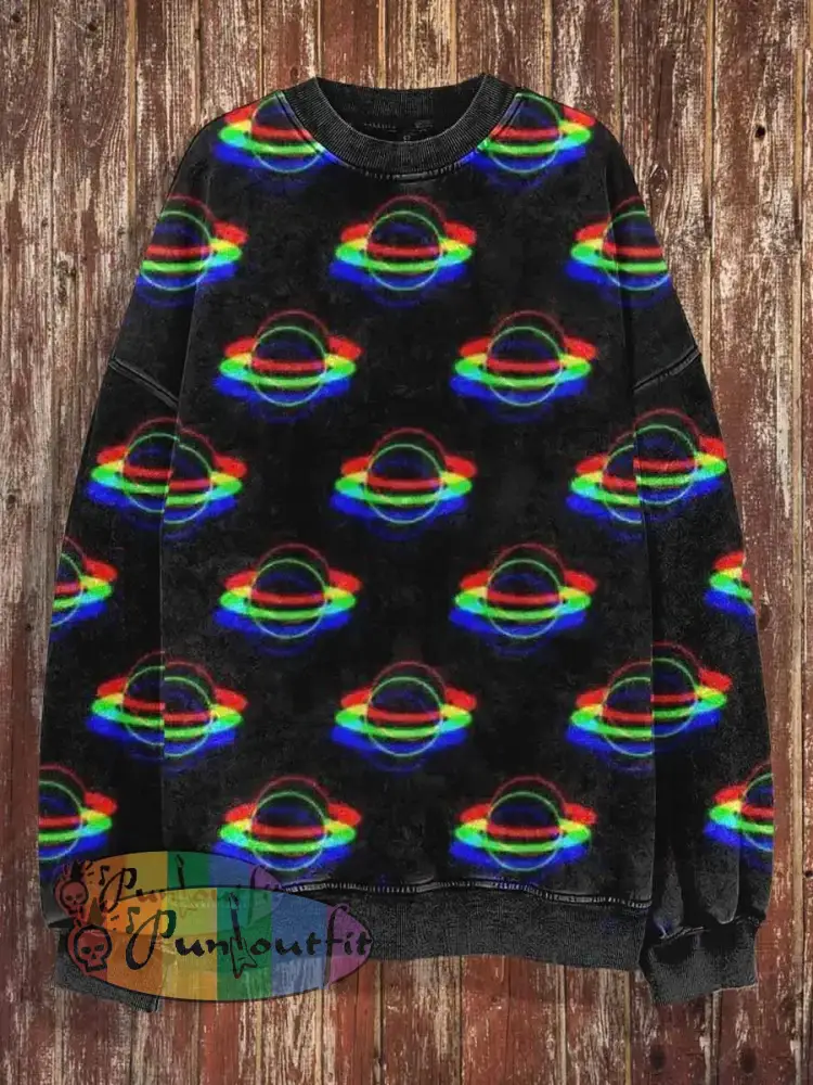 Unisex Colorful Saturn Print Halloween Crew Neck Casual Sweatshirt Black / S