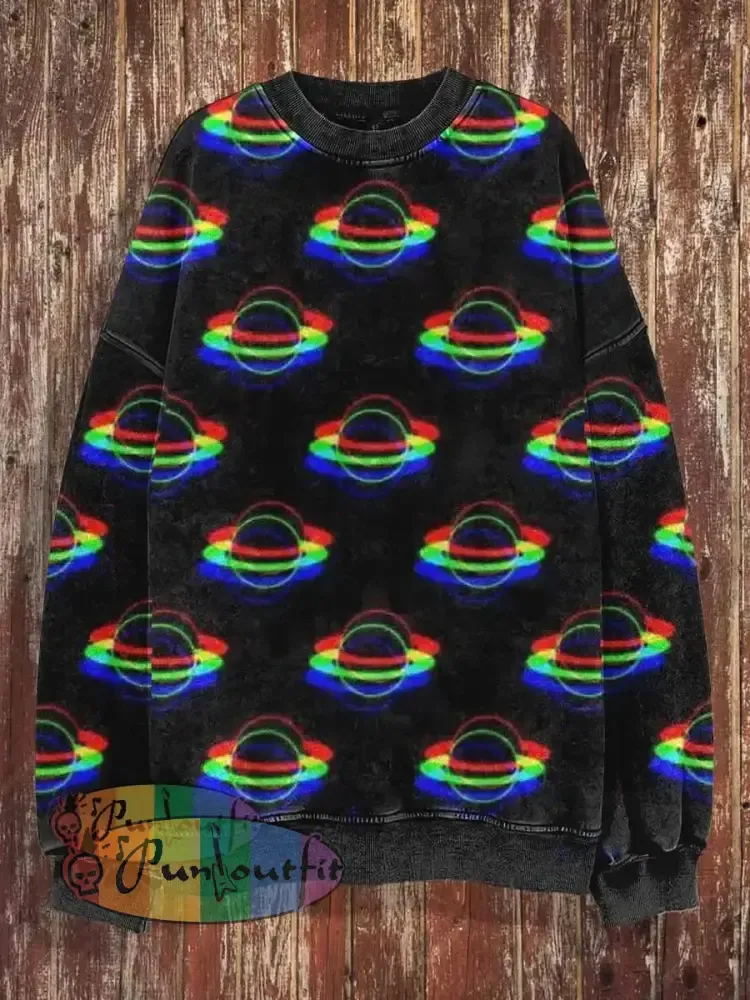 Unisex Colorful Saturn Print Halloween Crew Neck Casual Sweatshirt Black / S