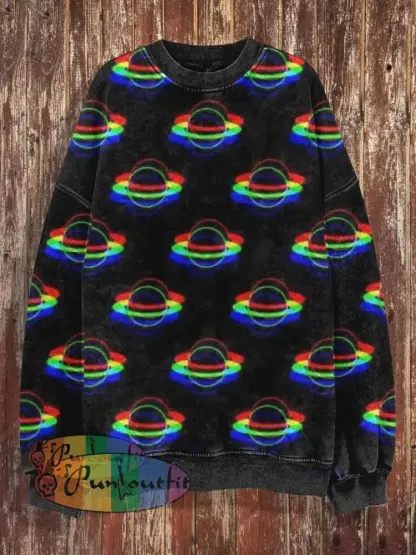 Unisex Colorful Saturn Print Halloween Crew Neck Casual Sweatshirt Black / S