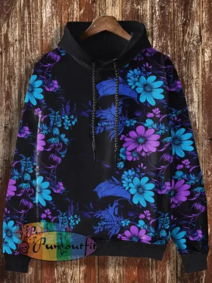Unisex Everlasting Flower Print Halloween Casual Hooded Sweatshirt Black / S