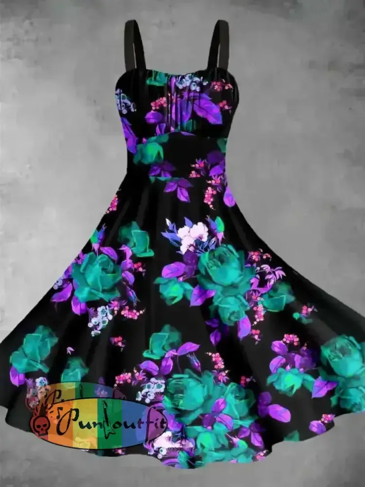 Unisex Fantasy Flowers Print Halloween Crew Neck Casual Sweatshirt Dress-1 / S