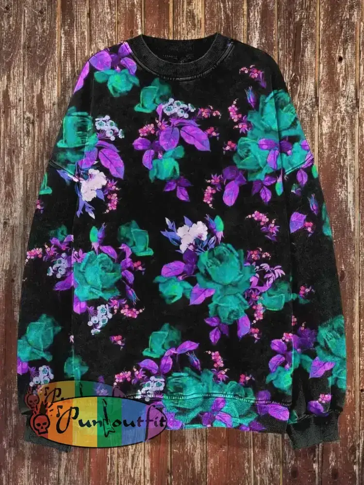 Unisex Fantasy Flowers Print Halloween Crew Neck Casual Sweatshirt / S