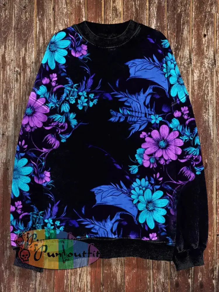 Unisex Floral Print Halloween Crew Neck Casual Sweatshirt Black / S