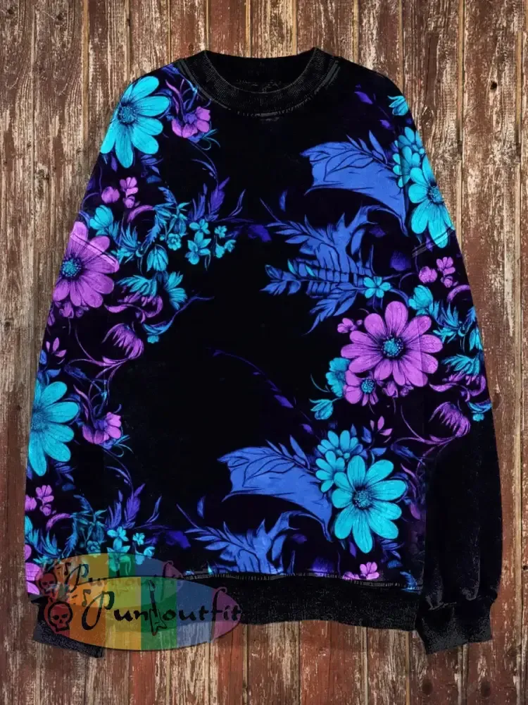 Unisex Floral Print Halloween Crew Neck Casual Sweatshirt Black / S