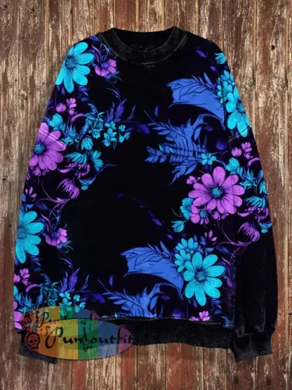 Unisex Floral Print Halloween Crew Neck Casual Sweatshirt Black / S