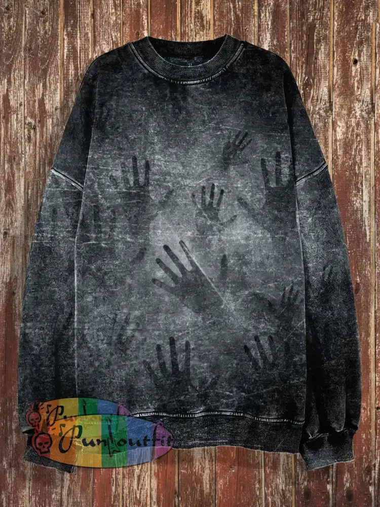 Unisex Hands Print Halloween Crew Neck Casual Sweatshirt Black / S