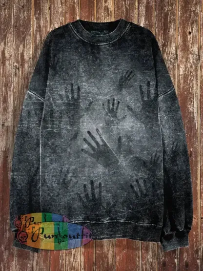 Unisex Hands Print Halloween Crew Neck Casual Sweatshirt Black / S