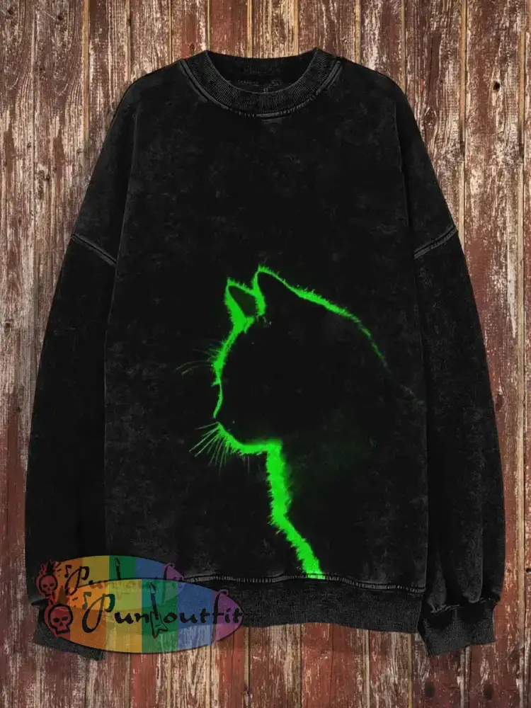 Unisex Lighting Cat Print Halloween Crew Neck Casual Sweatshirt Black / S