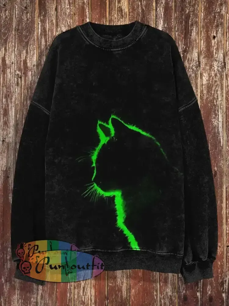 Unisex Lighting Cat Print Halloween Crew Neck Casual Sweatshirt Black / S