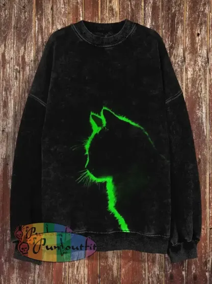 Unisex Lighting Cat Print Halloween Crew Neck Casual Sweatshirt Black / S
