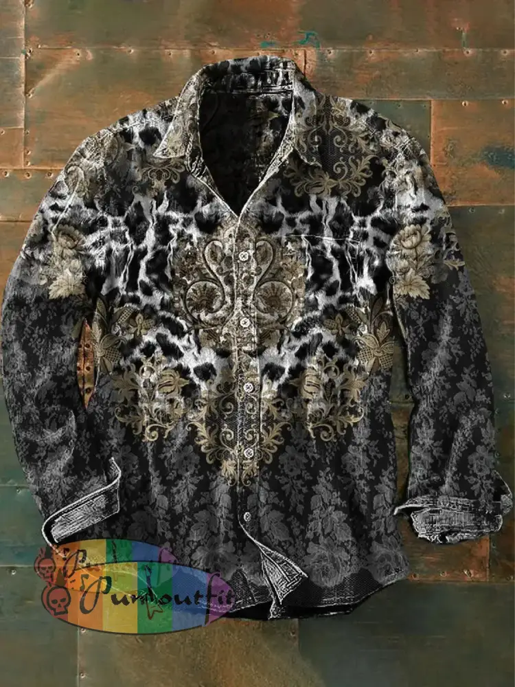 Unisex Men’s Retro Graphic Ethnic Floral Print Casual Long Sleeve Shirt Gray / S