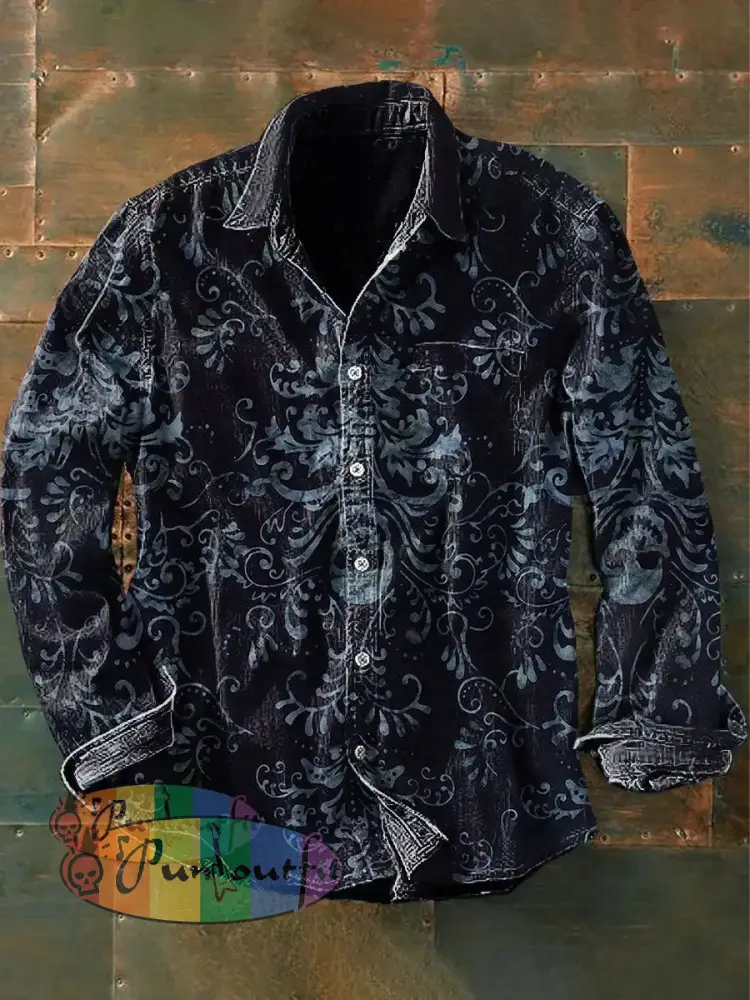 Unisex Men’s Retro Graphic Print Casual Long Sleeve Shirt Navy Blue / S