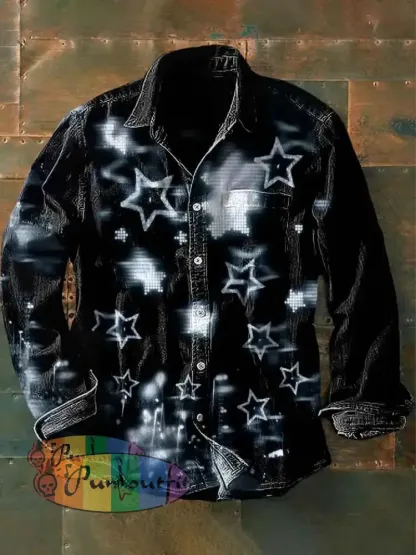 Unisex Men’s Retro Psychedelic 3D Stars Abstract Print Casual Long Sleeve Shirt Black / S