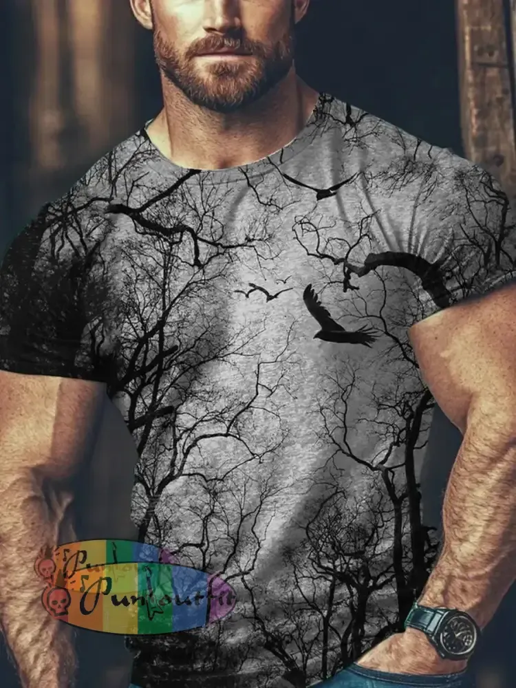 Unisex Men’s Retro Punk Dark Forest Raven Bat Art Abstract Print Casual Cotton Short Sleeve T-Shirt Gray / S