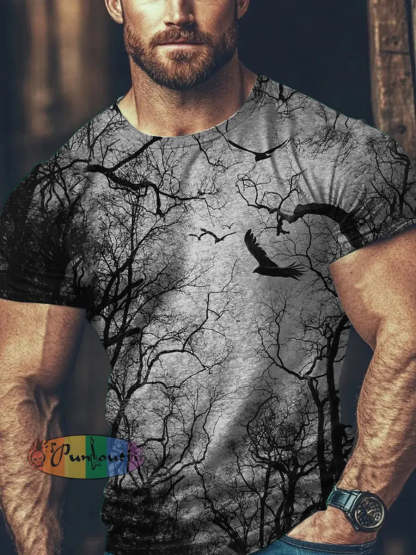 Unisex Men’s Retro Punk Dark Forest Raven Bat Art Abstract Print Casual Cotton Short Sleeve T-Shirt Gray / S