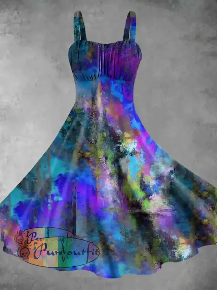 Unisex Men’s Vintage Blue Colourful Watercolour Abstract Print Casual Long Sleeve Shirt Dress / S