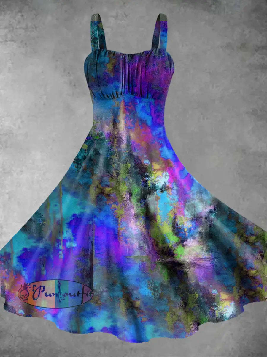 Unisex Men’s Vintage Blue Colourful Watercolour Abstract Print Casual Long Sleeve Shirt Dress / S