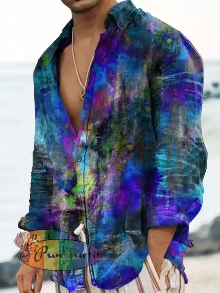Unisex Men’s Vintage Blue Colourful Watercolour Abstract Print Casual Long Sleeve Shirt Blue / S