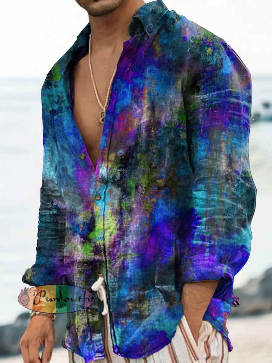 Unisex Men’s Vintage Blue Colourful Watercolour Abstract Print Casual Long Sleeve Shirt Blue / S