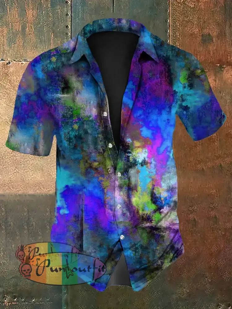 Unisex Men’s Vintage Blue Colourful Watercolour Abstract Print Casual Long Sleeve Shirt Short Sleeve Shirt / S