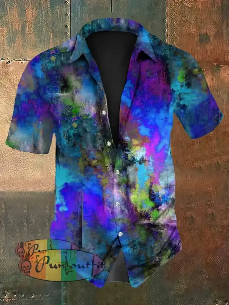 Unisex Men’s Vintage Blue Colourful Watercolour Abstract Print Casual Long Sleeve Shirt Short Sleeve Shirt / S