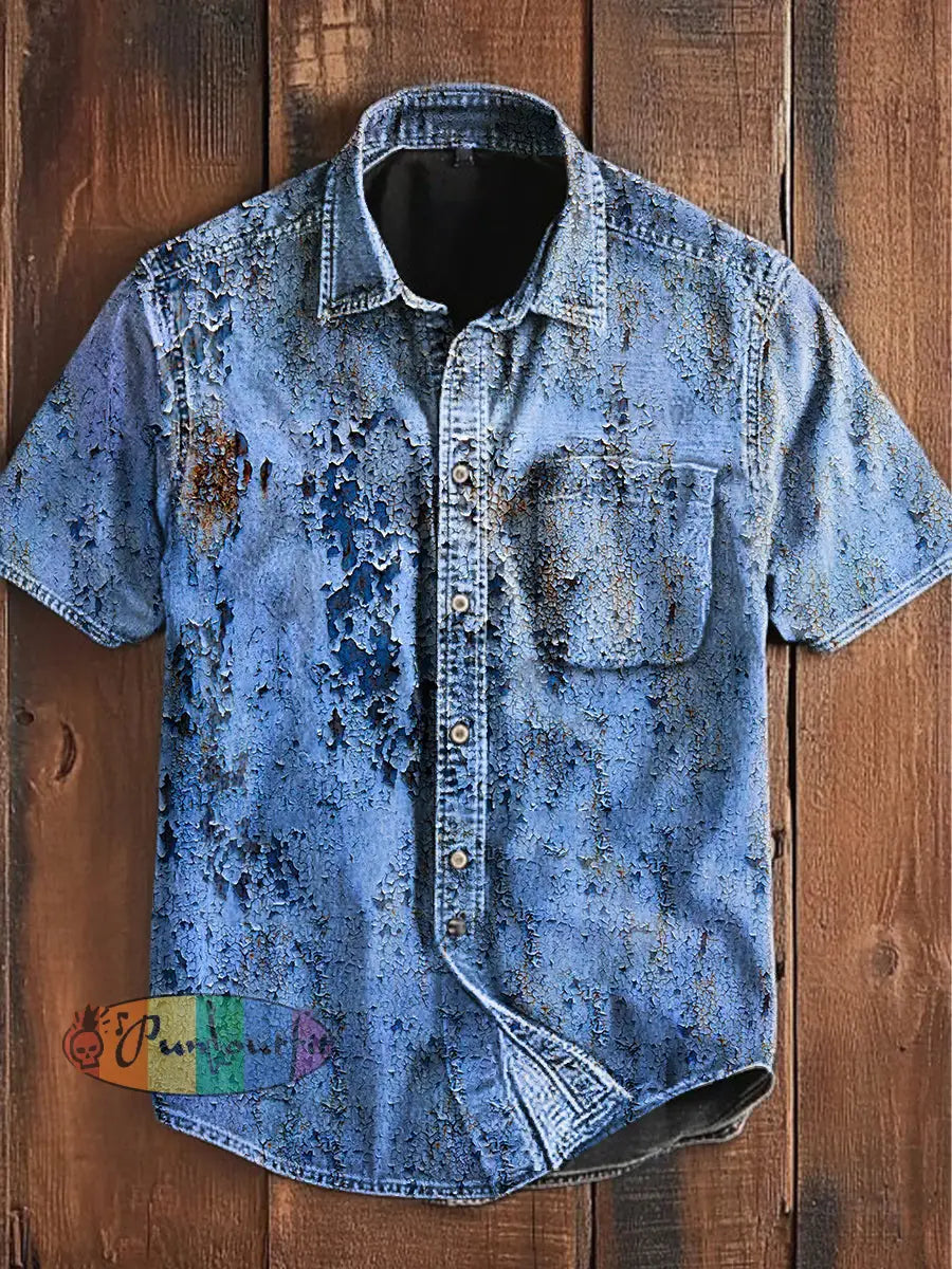 Unisex Men’s Vintage Blue Rust Aged Abstract Print Casual Upgraded Cotton Short Sleeve Pocket Shirt Blue / S