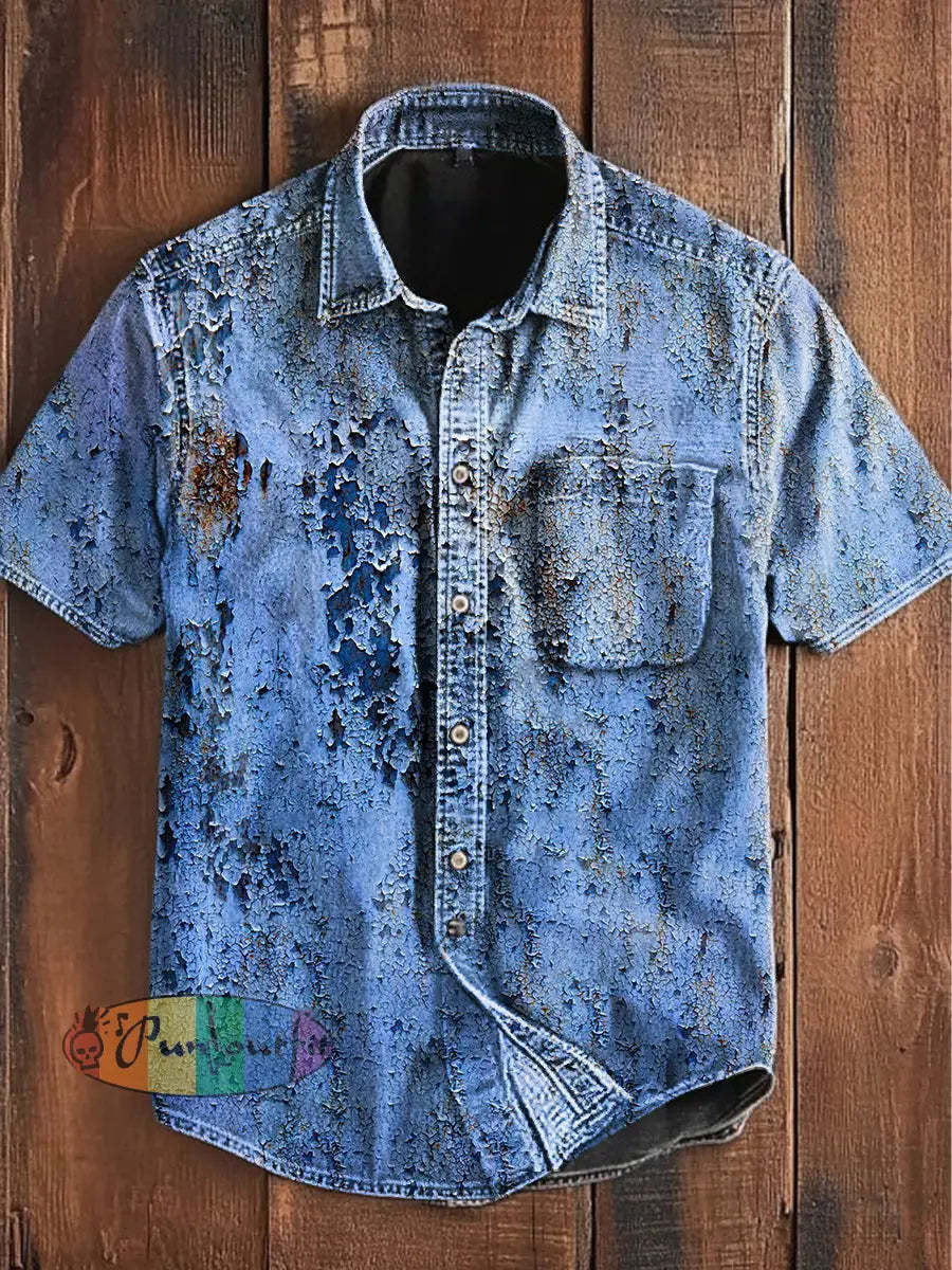 Unisex Men’s Vintage Blue Rust Aged Abstract Print Casual Upgraded Cotton Short Sleeve Pocket Shirt Blue / S