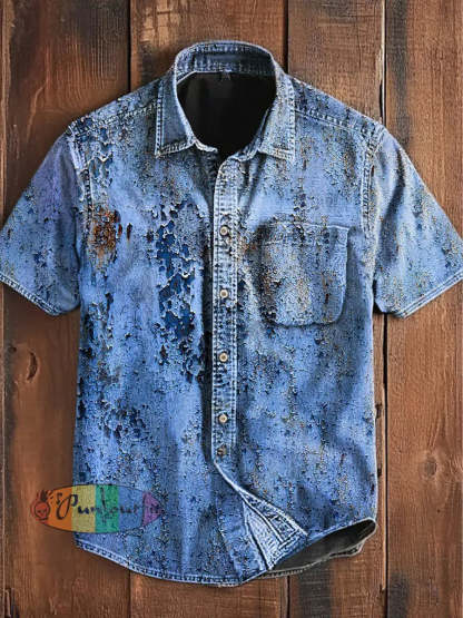 Unisex Men’s Vintage Blue Rust Aged Abstract Print Casual Upgraded Cotton Short Sleeve Pocket Shirt Blue / S