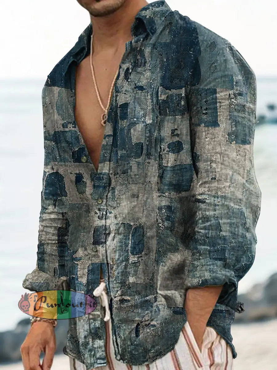 Unisex Men’s Vintage Blue Square Art Abstract Print Casual Long Sleeve Shirt Blue / S