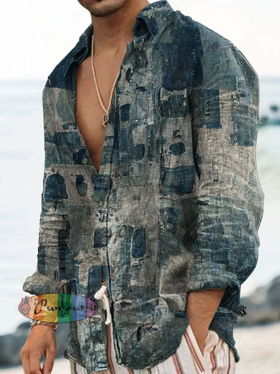 Unisex Men’s Vintage Blue Square Art Abstract Print Casual Long Sleeve Shirt Blue / S