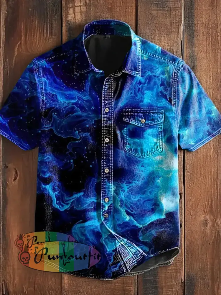 Unisex Men’s Vintage Blue Wave Art Abstract Print Casual Short Sleeve Pocket Shirt Blue / S